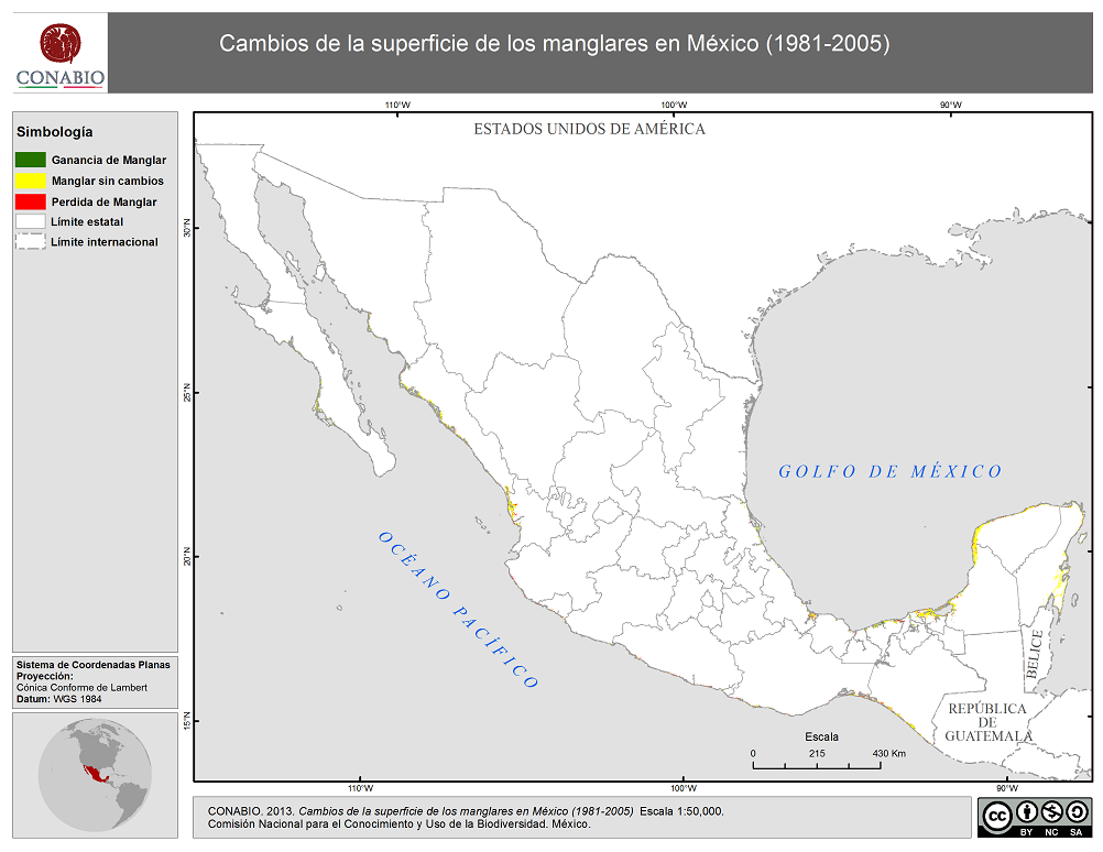 Mapa Cambios de la superficie de manglares de México